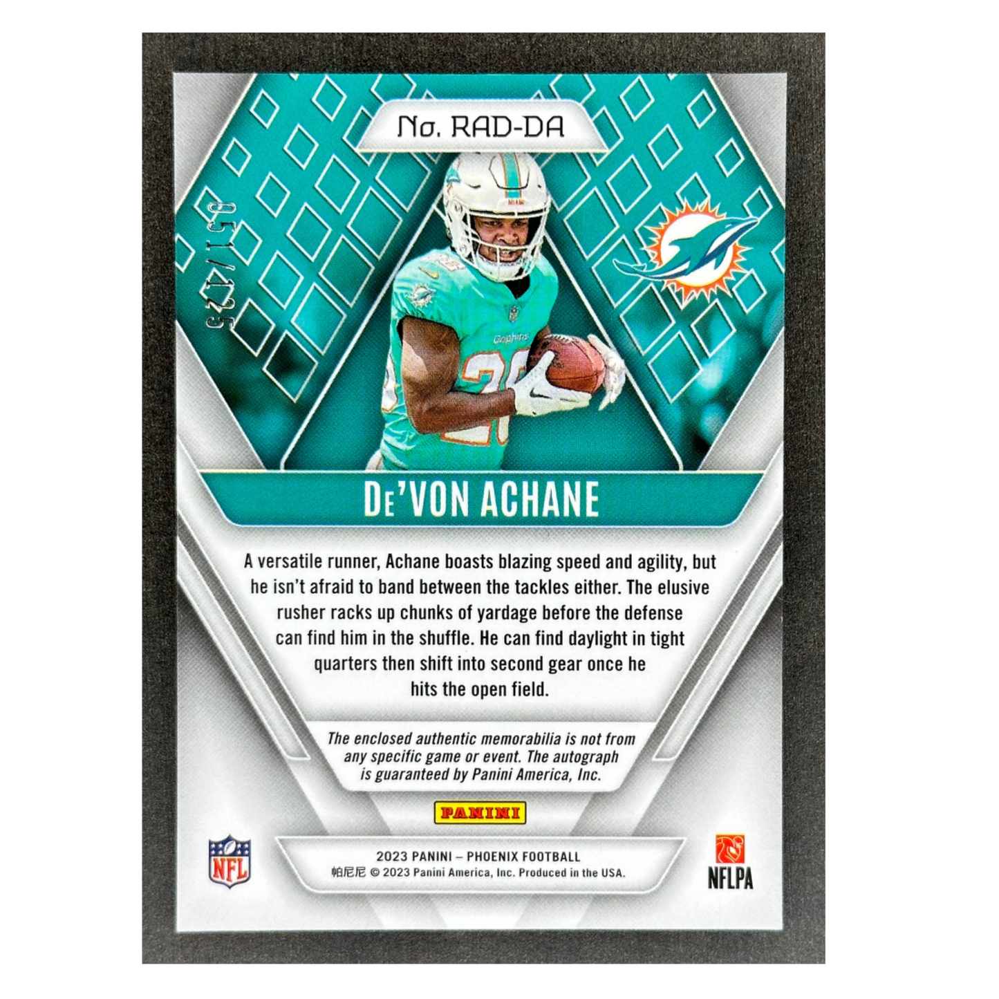 De‘Von Achane 2023 Phoenix RC Rookie Card Auto 51/125 #RAD-DA