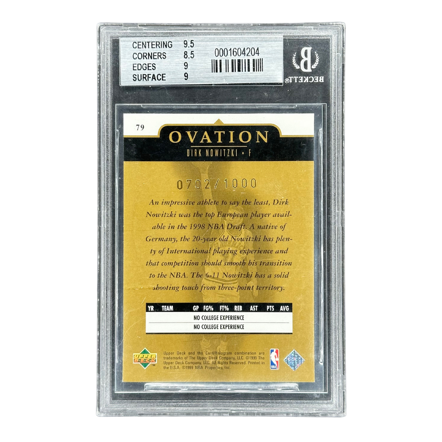 Dirk Nowitzki 1998 Upper Deck Ovation Gold 702/1000 RC Rookie Card BGS 9 #79