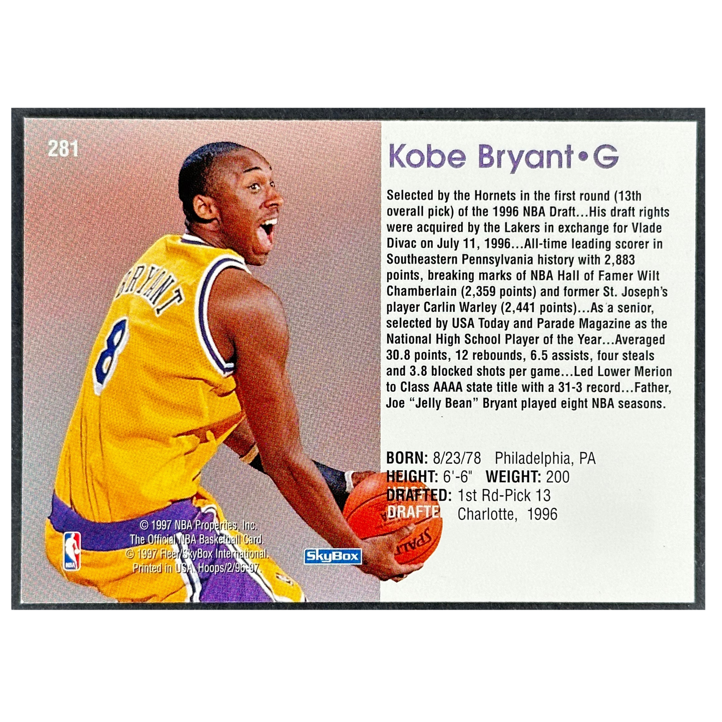 Kobe Bryant 1996-97 Skybox Hoops RC Rookie Card #281