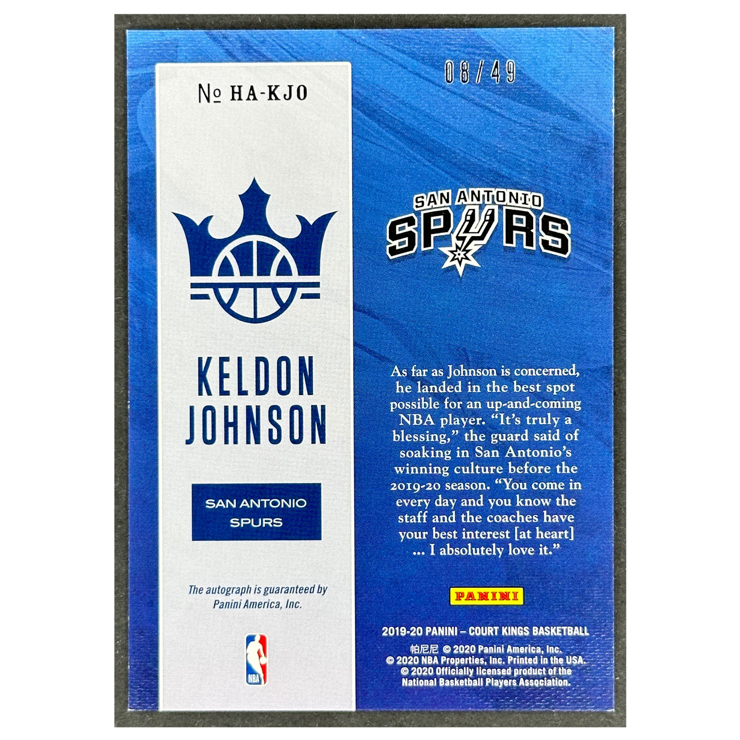 Keldon Johnson 2019 Court Kings Heir Apparent RC Rookie Card Auto 8/49 #HA-KJO