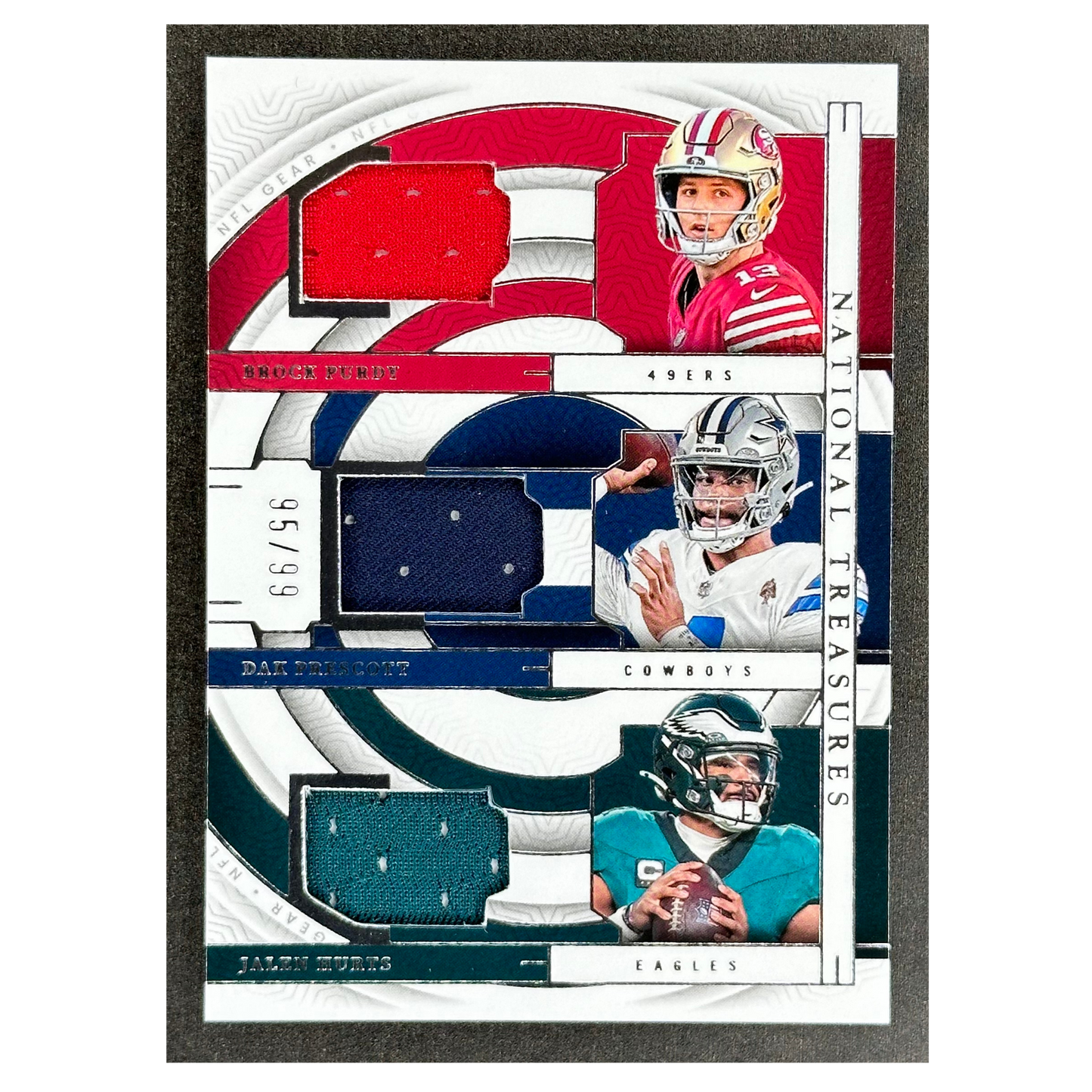 Brock Purdy, Dak Prescott, Jalen Hurts National Treasures Triple Jersey 95/99 #GTM-NFL