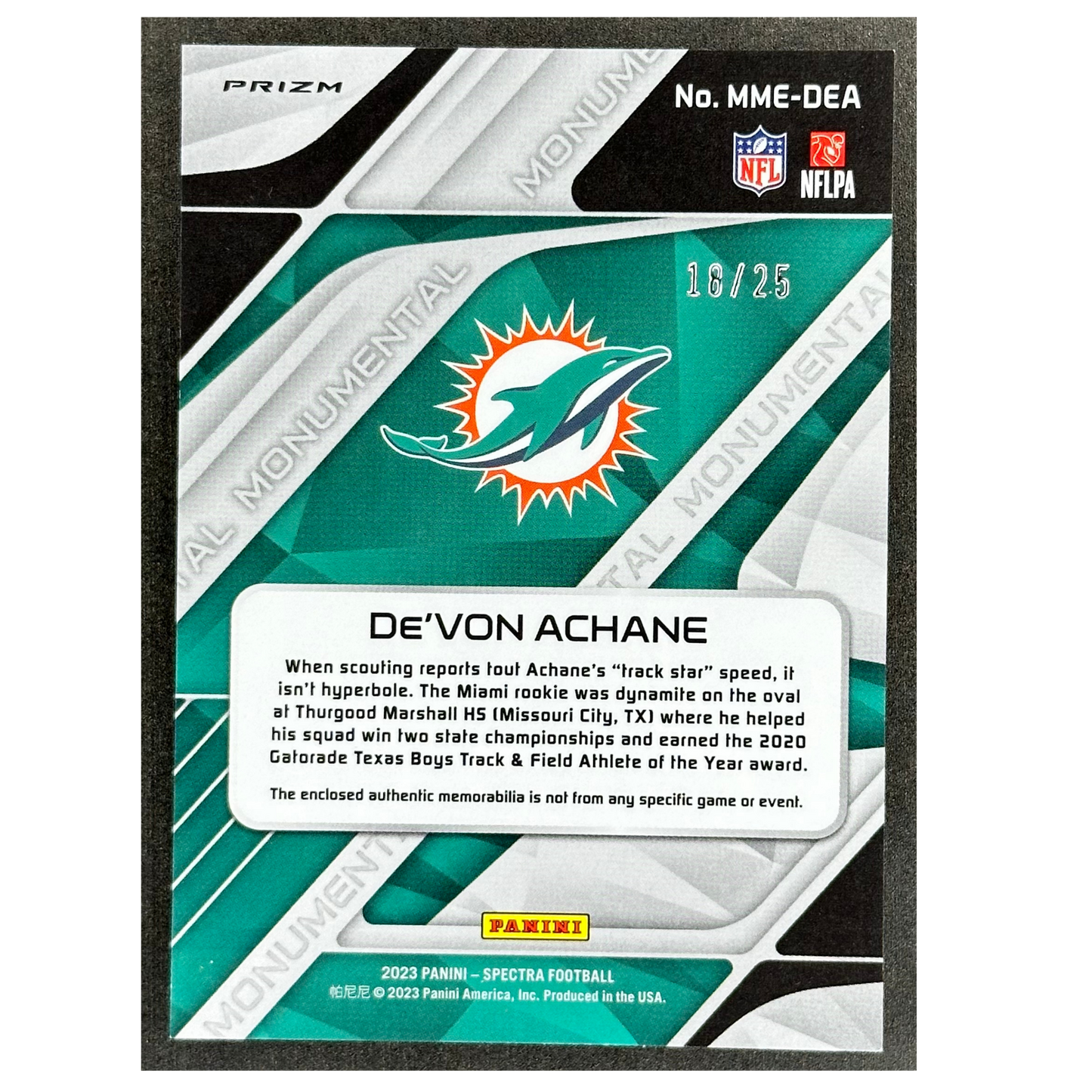 De‘Von Achane 2023 Spectra RC Rookie Card Patch 18/25 #MME-DEA