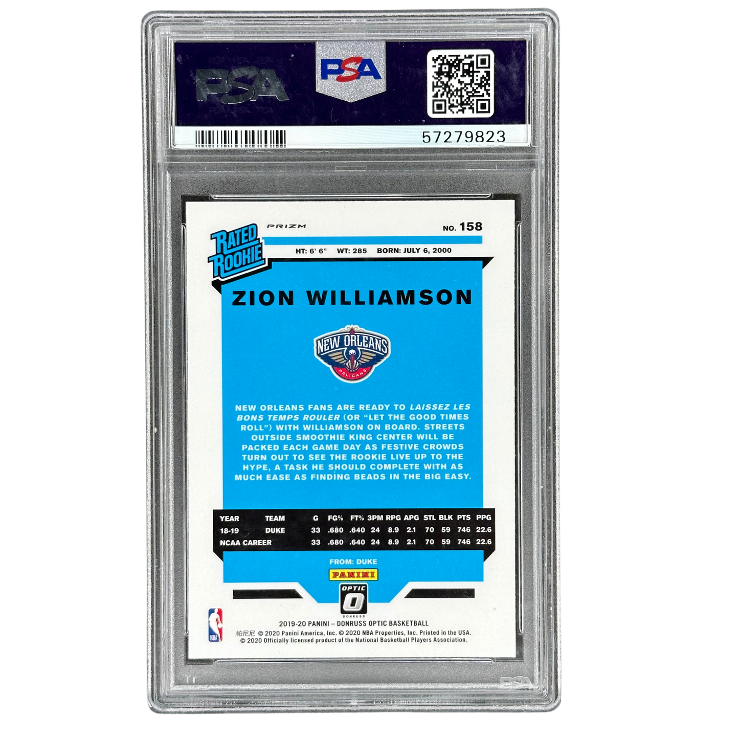 Zion Williamson 2019 Optic Hyper Pink RC Rookie Card PSA 10 #158